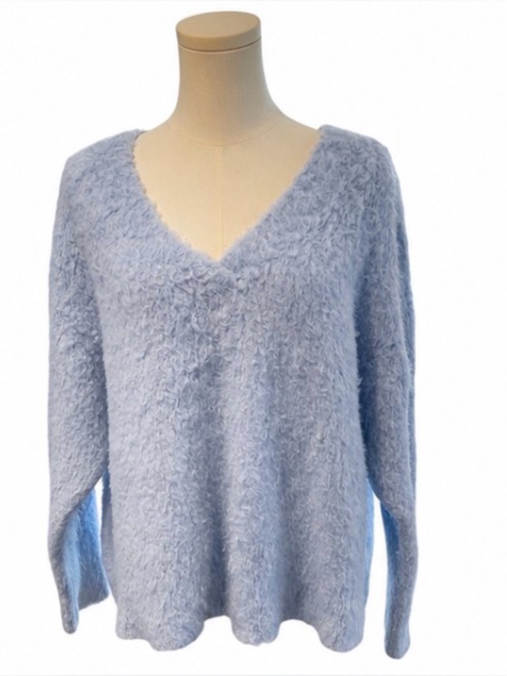 Maeve Anthropologie Blue Eyelash Sweater Medium Soft Fuzzy V-Neck Pullover
